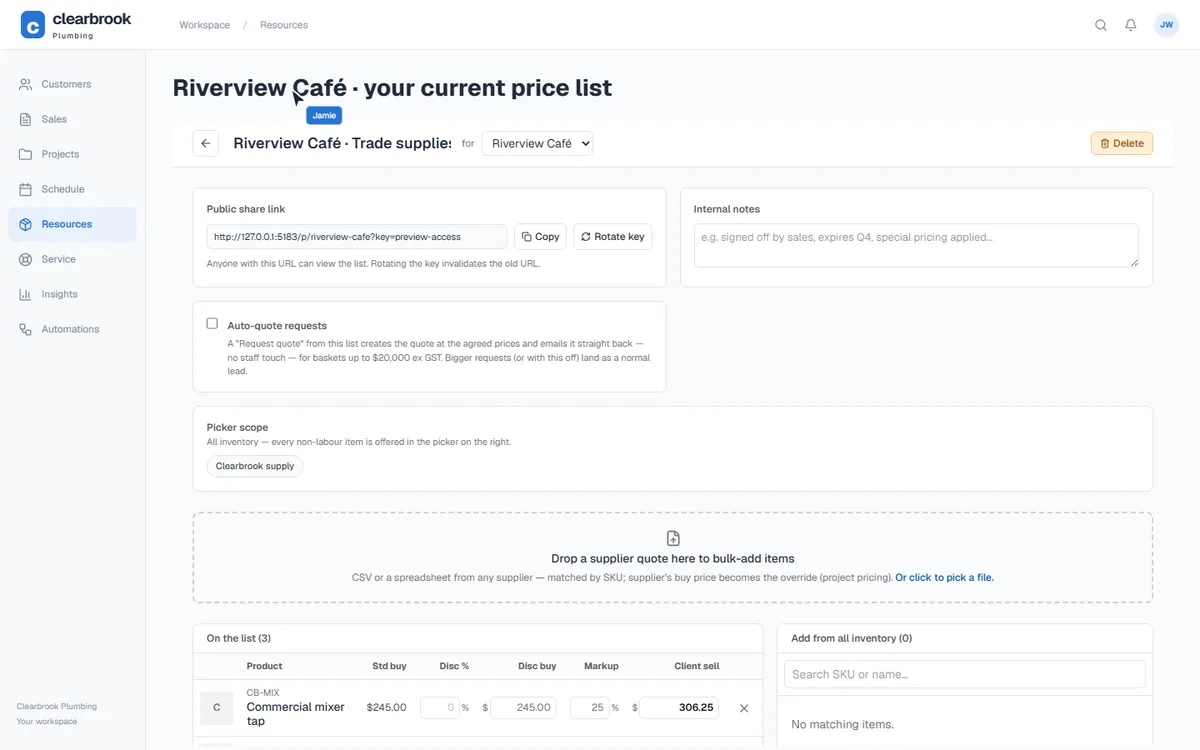 A price list your customer can open.