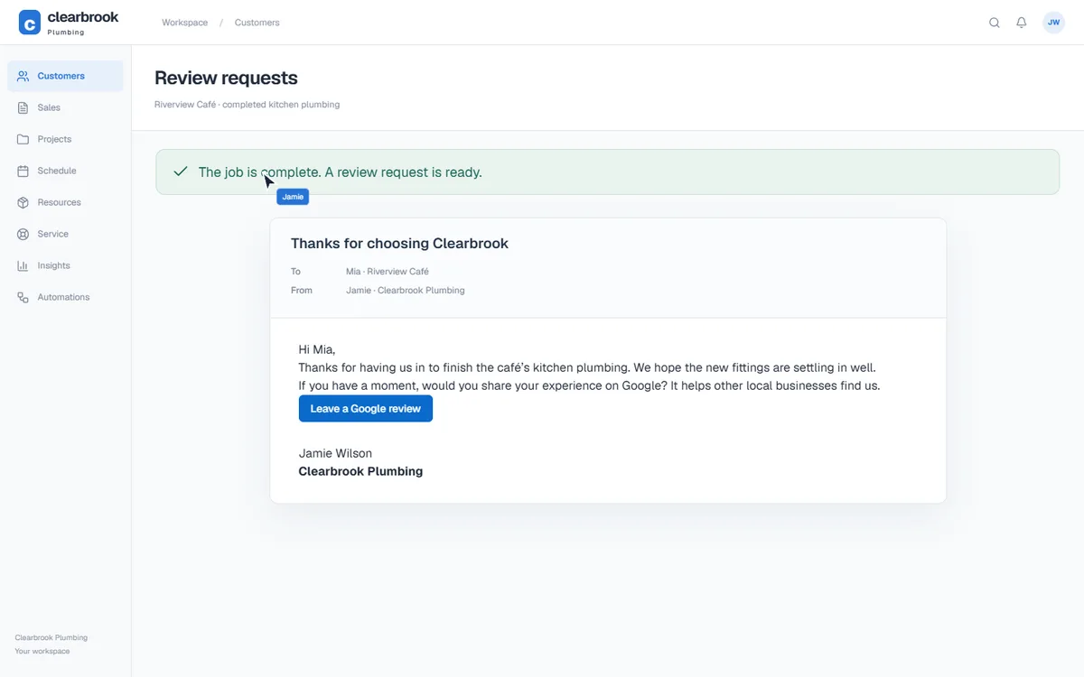 A review request follows the completed job.