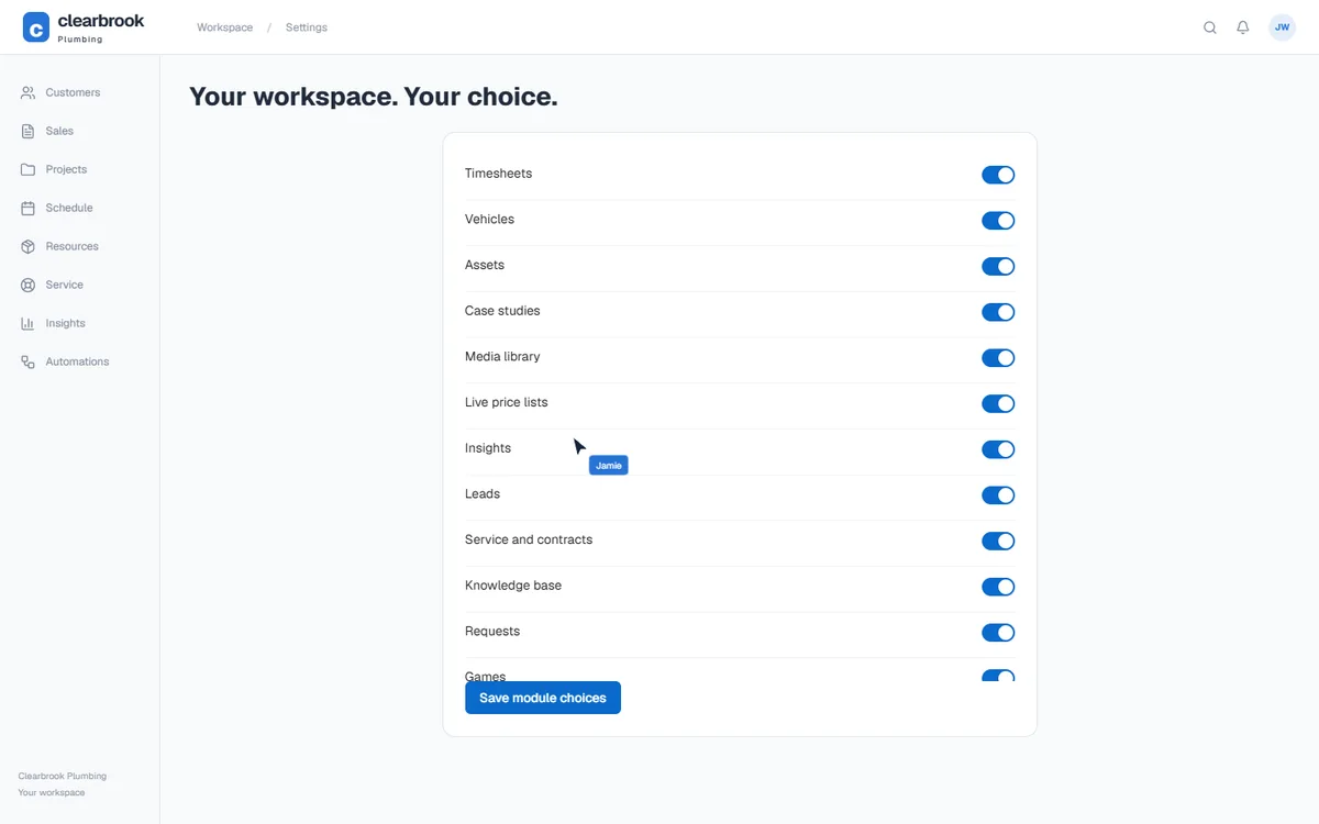 Choose which modules your team sees.