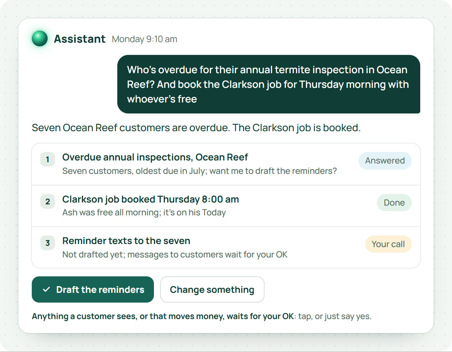The EasyDone Assistant answering Bev's question about overdue termite inspections and booking the Clarkson job for Thursday, with reminder texts waiting for her OK