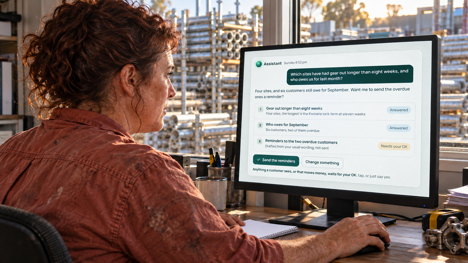 A scaffolding business owner checks overdue hire and reminder drafts in EasyDone at her Henderson yard office.