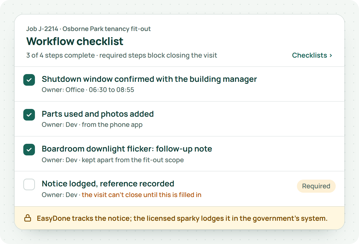 EasyDone workflow checklist for an electrical fit-out with three steps ticked and the required step Notice lodged, reference recorded still open