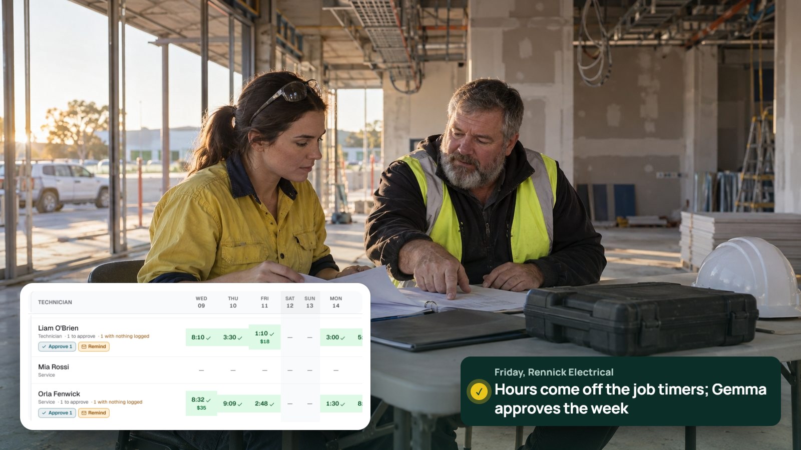 An electrician and a site supervisor review a job folder in an unfinished commercial space, with the EasyDone timesheet of hours from the job timers ready to approve