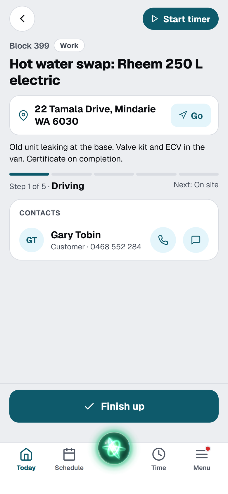EasyDone phone app job screen with Start timer, job notes, progress steps and customer contacts