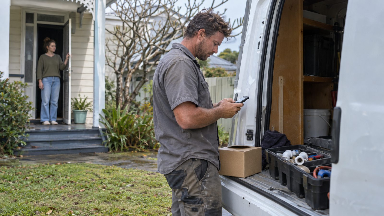 A plumber records a site note on his phone beside his van while a tenant waits at the door of a weatherboard house.
