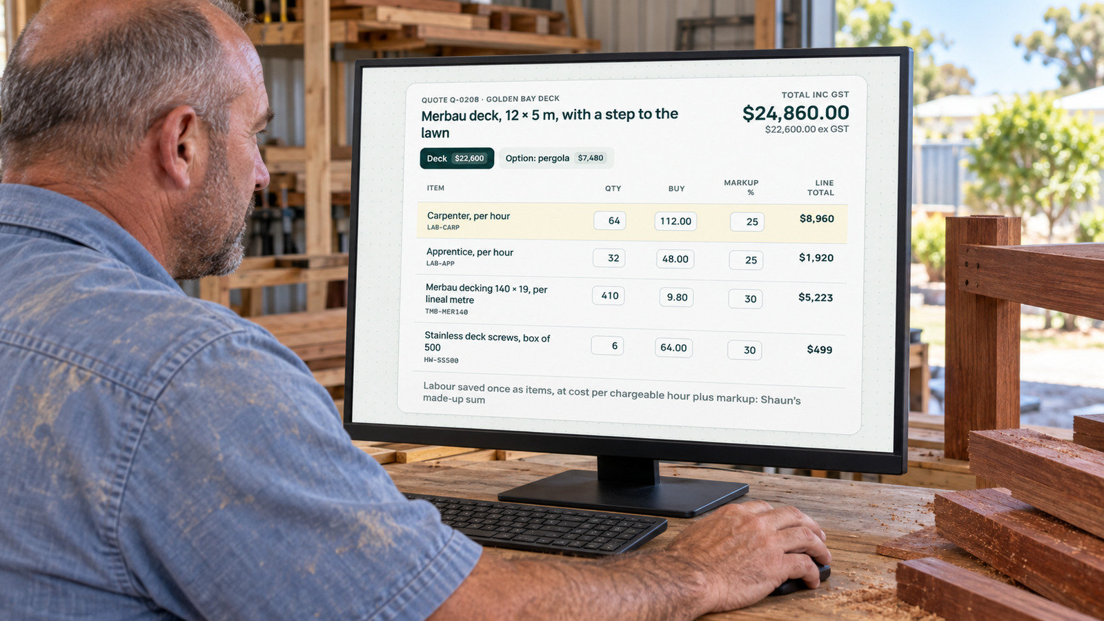 A carpenter checks labour hours and rates for a Golden Bay deck quote in EasyDone beside merbau timber.