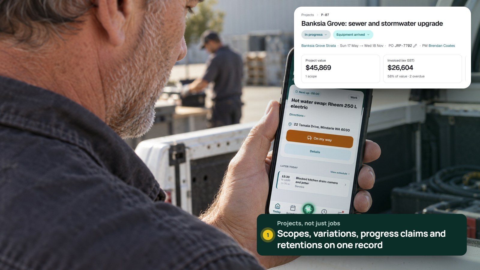 A field supervisor checks EasyDone on his phone beside a ute in a Perth workshop yard, with a real EasyDone project record showing its value and what's been invoiced