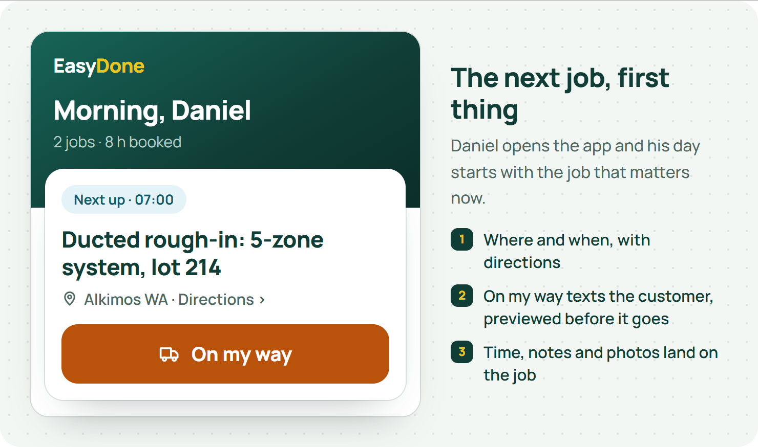 EasyDone phone Today screen with Daniel's next job, a ducted rough-in in Alkimos at 07:00, and a big On my way button