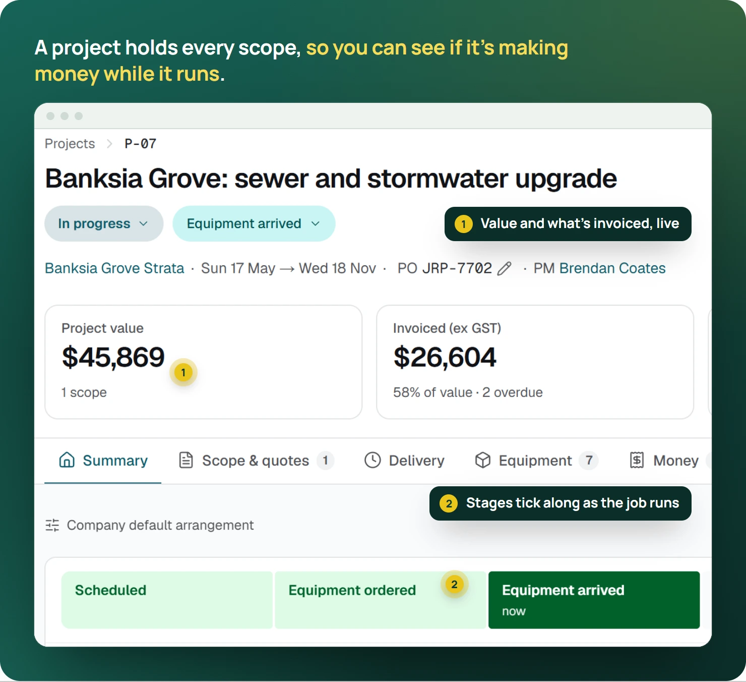 An EasyDone project record showing the project value, the amount invoiced and the stage tracker, with callouts on each