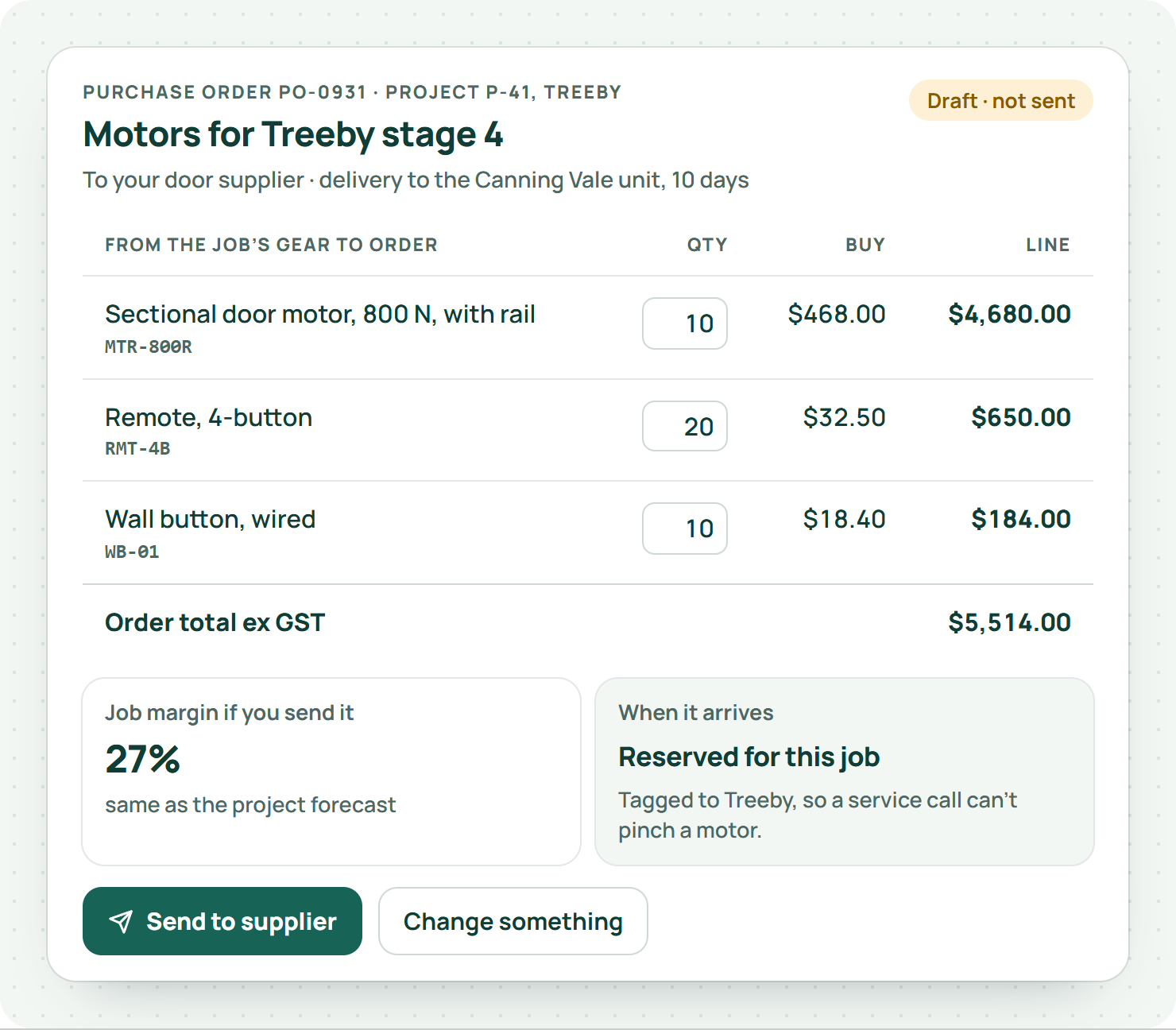 An EasyDone draft purchase order for ten garage door motors, remotes and wall buttons for stage 4 of the Treeby project, with the margin and a note that they are reserved for it