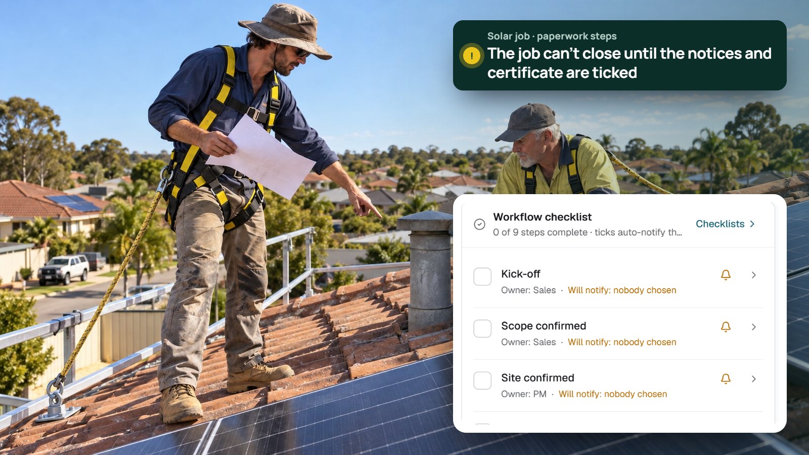 Two solar installers on a tiled Perth roof, with the job's EasyDone workflow checklist and a note that the job can't close until the paperwork steps are ticked