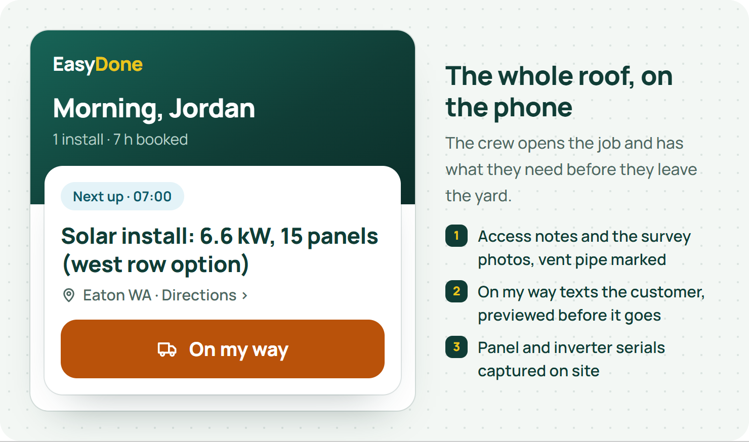 EasyDone phone Today screen showing the next solar install at 07:00 in Eaton with Directions and an On my way button