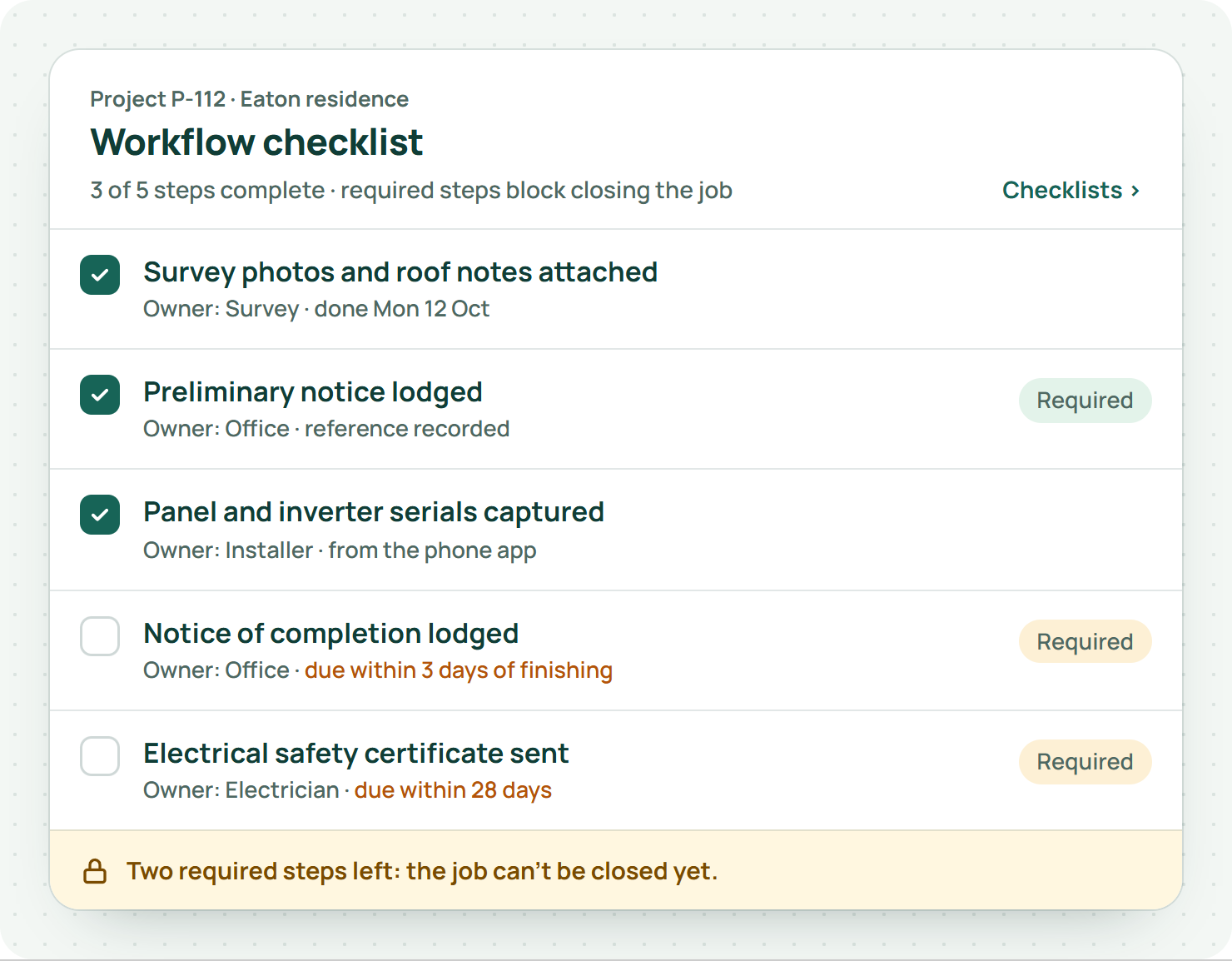 EasyDone workflow checklist for a solar job with the preliminary notice, notice of completion and electrical safety certificate marked as required steps, two still open