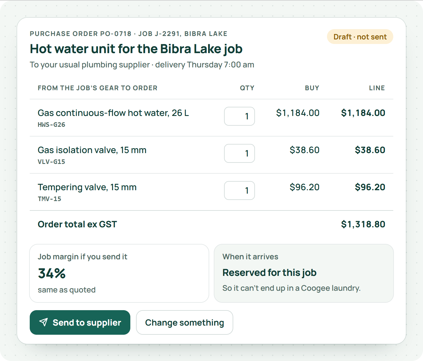 An EasyDone draft purchase order for the Bibra Lake hot water unit raised from the job's gear to order, with the job margin and a note that it is reserved for the job when it arrives