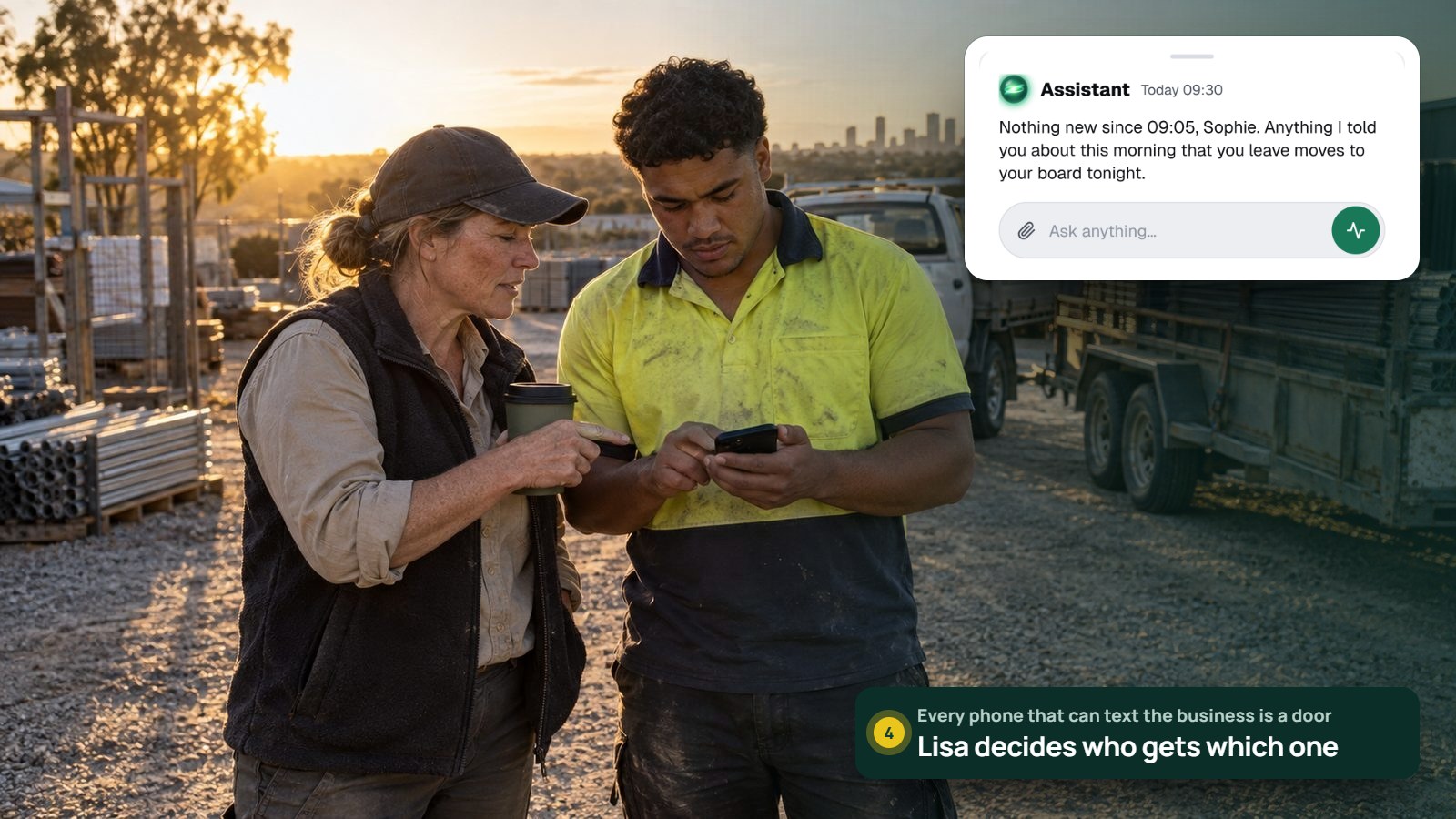 A fencing business owner at dawn watches a new labourer set up his phone in the depot yard, with the EasyDone Assistant sheet from the phone app beside them