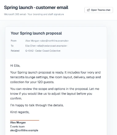 A complete customer email with job context and a branded staff signature