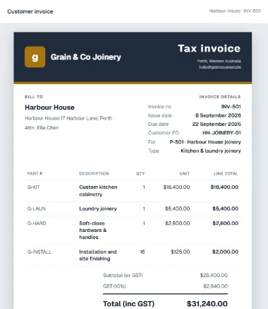 Completed Grain and Co customer invoice