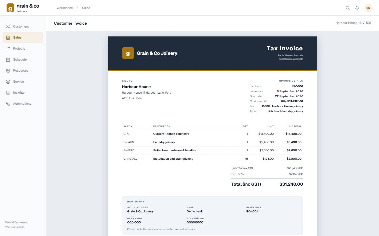Invoicing & profit workspace