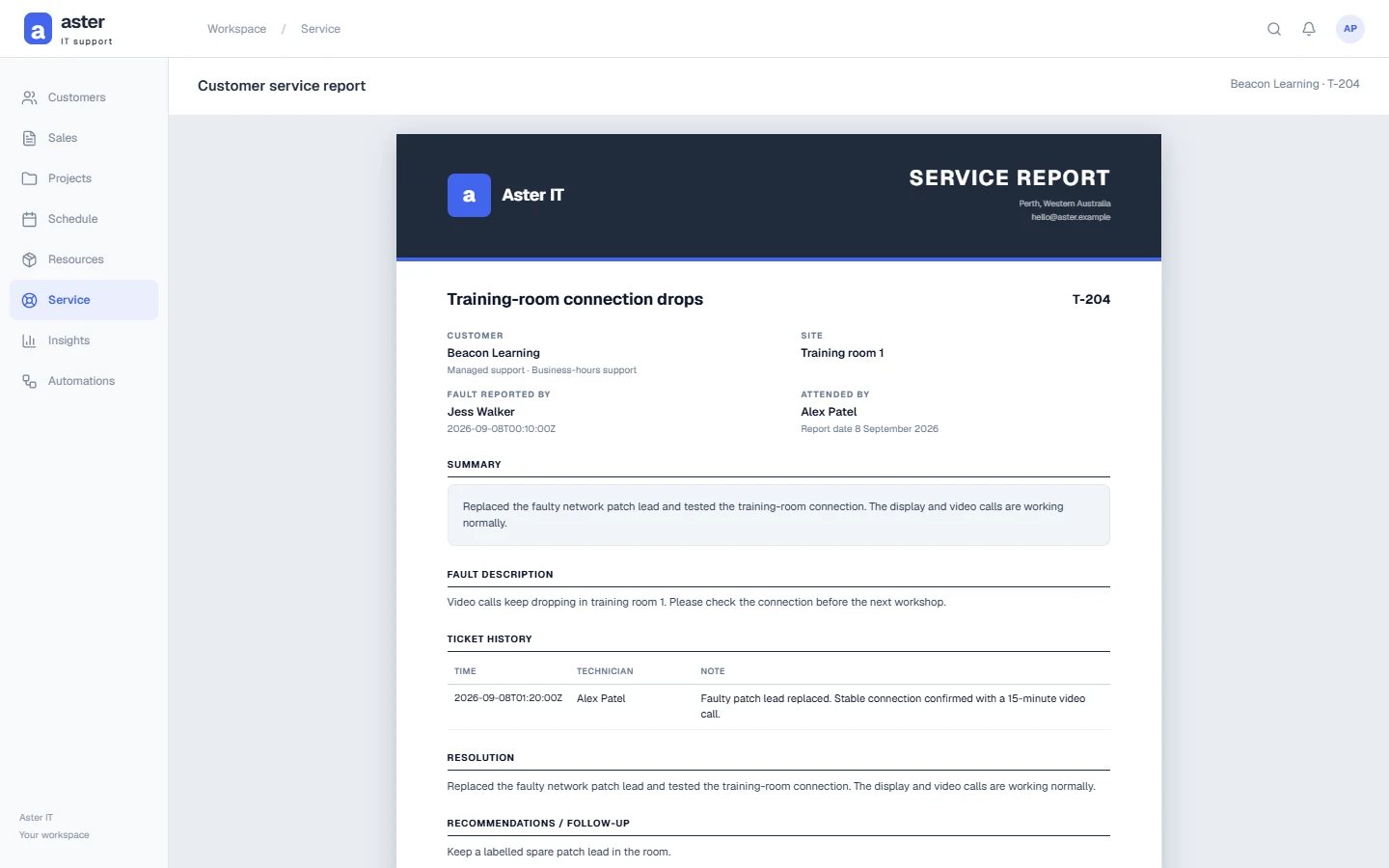 Service & ticketing workspace